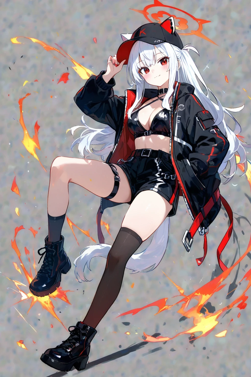 (((high quality))),(((masterpiece))),(((highly detailed))),((illustration style)),
(((fujiwara no mokou))),(touhou),(((red eyes))),(((long hair,white hair,bangs,hime cut)))),(((hair bow, white bow))),(((white leather jacket))),(((Flame Pattern print red full bodysuit))),((latex)), (shiny clothes:1.2),(((grin))),(((large breasts))),(((full body))),(((arm behind head))),(((model posing))),((((simple white background))),(((Side angle)))
