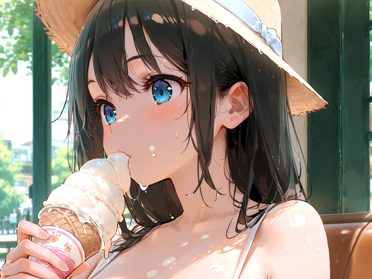 (((masterpiece, Highest quality, High resolution, 超High resolution, Perfect Pixel, Depth of written boundary, 4K, RTTX 10.0))), Beautiful Anime Women, Beautiful art style, Anime characters, ((Smooth texture, Realistic texture, Anime CG Style)), Exact finger count、Exact number of legs、(Exact number of arms:1.0, Exact number of hands:1.0), (Perfect hands, Perfect .1.5), Cinematic, Realistic, Extremely detailed CG, Daytime lighting, Perfect lighting, Best Shadow, The best natural light, Perfectly balanced style, Perfect body, (Slender body:1), whole body, ((bangs, Dark brown hair, Bobcut)), ((A woman is sitting and  a popsicle in her hand.:1.4)), ((Beautiful eyelashes)), ((Detailed face:1.2)), (Fashionable white shirt, Sailor collar, Knee-high socks:1.3), (セクシーでcute水色パンティ, Shiny satin side-tie , Light blue  with a plain center and lace decoration on the sides, Ultra-detailed  folds:1.3), (Open your mouth wide, drool dripping from the tongue:1.5), ((close your eyes:1)), ((cute, Sighing expression)), (Embarrassed expression:1.3), (blush:1.1), ( pleasure  expressions:1.4), ( expressions that put up with the toilet:1.2), Patience is the limit, On the brink of , (Beach, Resort:1.3), Angle from the front