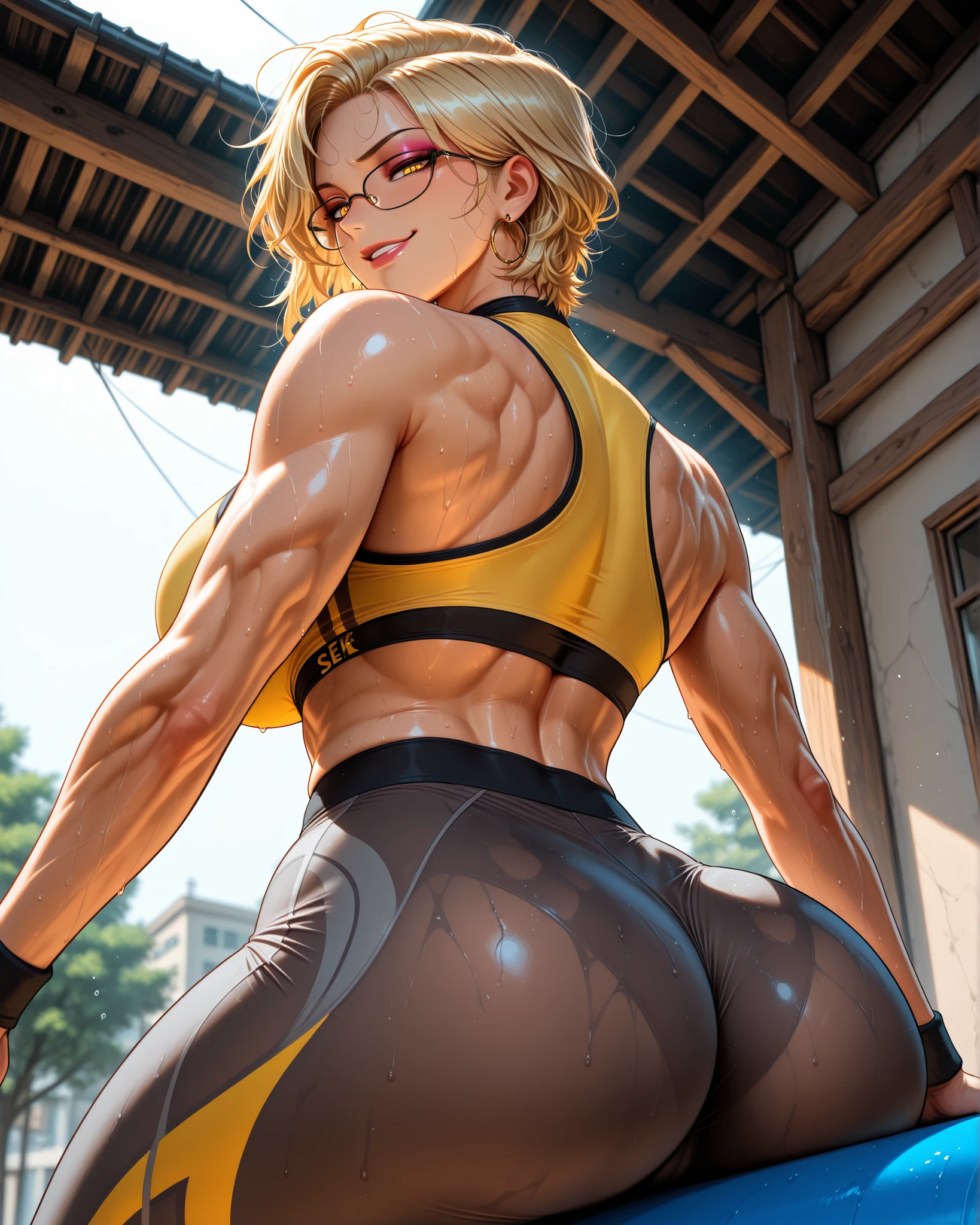((Tsunade)),((walking to tatami)),(from back),((thick body)),((Solo)),(((complete naked)))))), (beer cup),(happy laugh),(blush),A MILF, trending on artstationh,intricate face details,(Curvy physique), vibrant, 4K, 12k resolution,