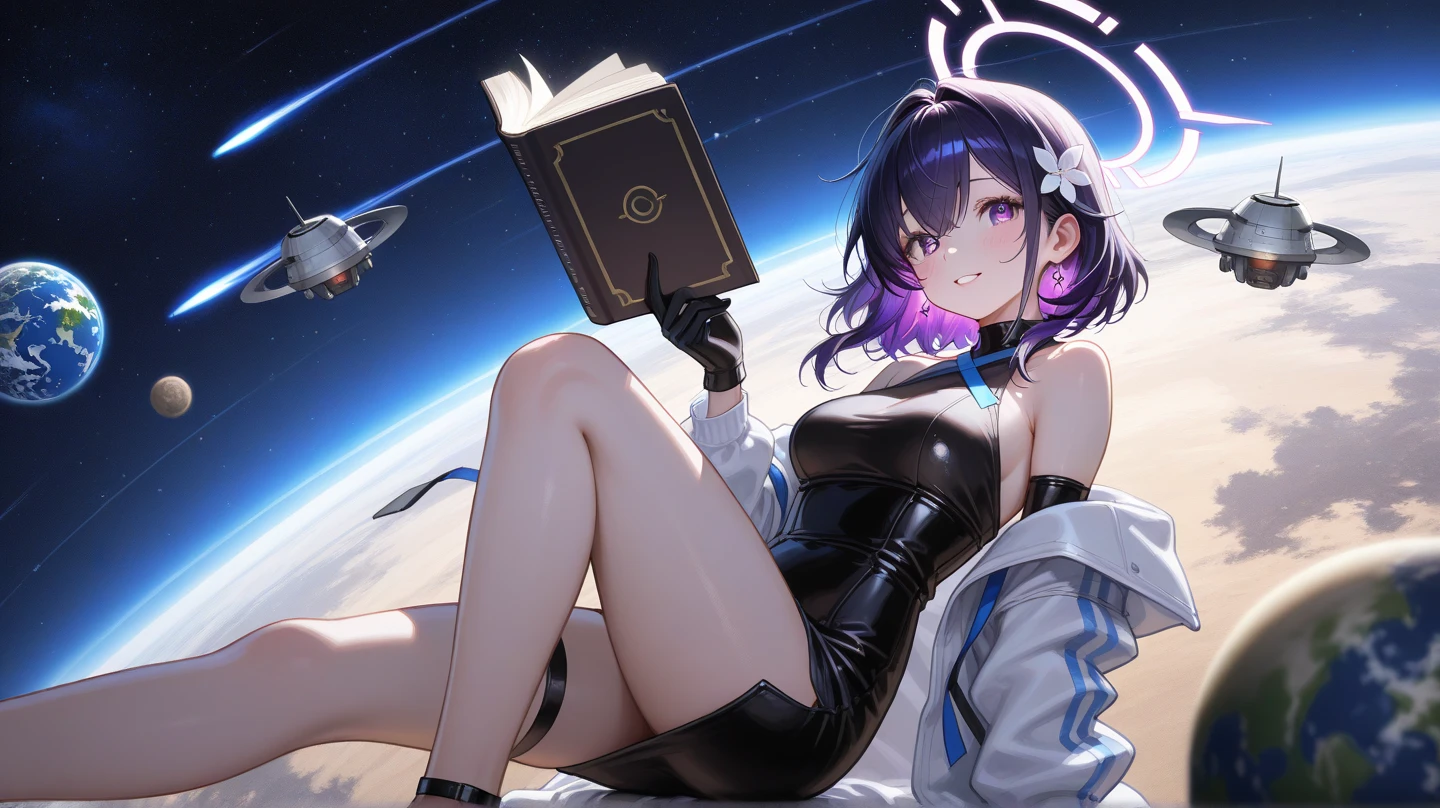 a sensual woman sitting in the stars and reading a colored shining book, rainbow colored cosmic nebula sky background, stars, galaxies, sexy, legs