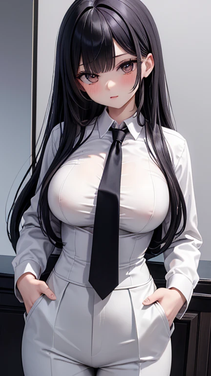 (masterpiece; best quality: 1.2), (finely detailed eyes: 1.3), ((25 year old woman)), ((solo)), (red eyes: 1.4), (body; gorgeous, luscious, femenine: 1.3), (silky black hair: 1.3), (beautiful and clear background: 1.2), ((depth of field)), (equipment: white unbuttoned labcoat + black shirt + white necktie + white pants + black square glasses: 1.3), (anime illustration: 1.2), (background composition; japanese highschool classroom + furniture: 1.1), (extremely fine and beautiful: 1.1), (shot composition; standing + centered on torso + close-up: 1.5), (expression; calm, stoic: 1.2)