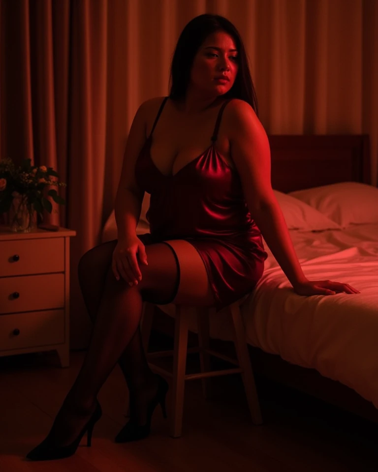 Give me more images of the woman in the first post, in thong and red bra, she alone, with red garter belt and heels 