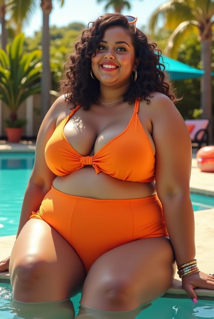 Solo, Black girl, black skin, 10 years old, flat torso, chubby hips, chubby stomach, chubby, nude body , in school pool, curvy orange hair, wet body, cameltoe, spread legs, pussy juice, sexy, ass, spread ass, ????, cum on ass, fuck in ass