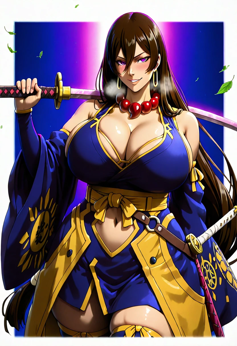 1990s,(style), (cel anime:1.1), official art, perfect lighting,Colorful,,perfect anatomy,black long hair, red hair, yellow eyes, hidero horibe, choker, jewelry, earrings, (shiny skin), large breasts, forehead, masterpiece, best quality, highly detailed, fantasy , a anime girls in armored dress holding a sword
posing for a picture, evil smile, smile, open mouth, breastplate with open cleavage, cleavage, warrior
outfit, ecchi anime style, anime girls, ecchi style, (nsfw) not safe for work, ecchi, digital anime art!!, in
anime style, official artwork, visual novel cg, beautiful anime girl, anime style 4 k , loincloth, exposed
belly, exposed navel, exposed midriff, exposed lower belly, pencil skirt armored, castle,inside castle,