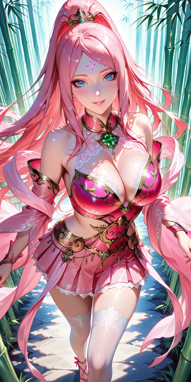 Magenta pink hair, brown eyes, older woman, hair ornaments, cat ears, long hair, smiling face, teal and gold outfit, pretty background, sexy, fashion