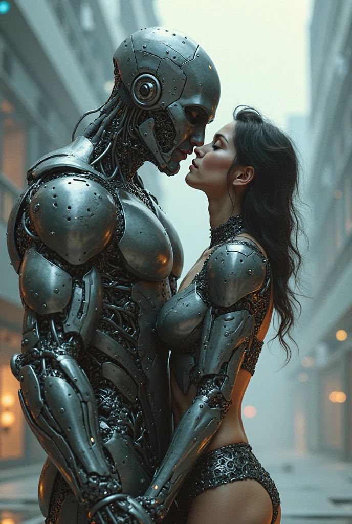 Sexual relationship between a male cyborg and a female cyborg on the roof of a skyscraper, high quality, best quality, absurdres, masterpiece, beautiful, intricate details, 1/2 body crop, slim body, beautiful figure, magnificent anatomy, (intricate details:1.12), HDR, (intricate details, hyper-detailing:1.15), (natural skin textures, hyper realisitc, soft light, Sharp:1.2)