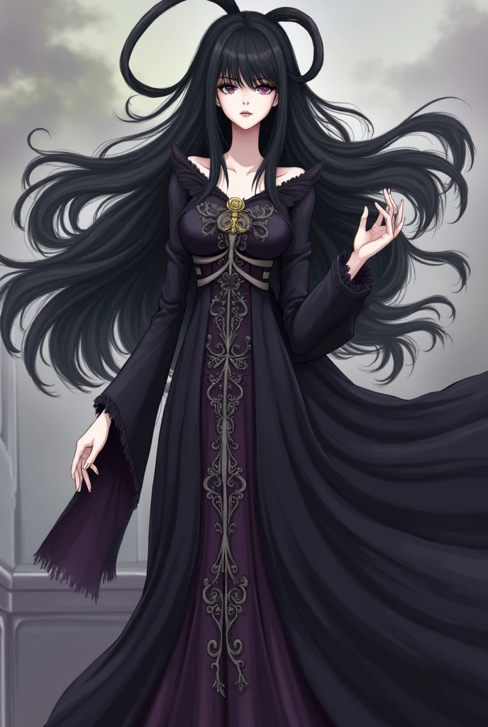 She was wearing a long hat with a rose on it、A dress that covers the whole body and reaches down to the ankles, with a belt around the waist.、Overall in navy blue、Cover your cleavage and neck with a sheer top、She has purple lipstick and moon earrings、She was wearing black heels and had a curvaceous body.、With small eyes and a round face、Long Black Hair、Anime girl like Deborah Arlini from My Hero Academia