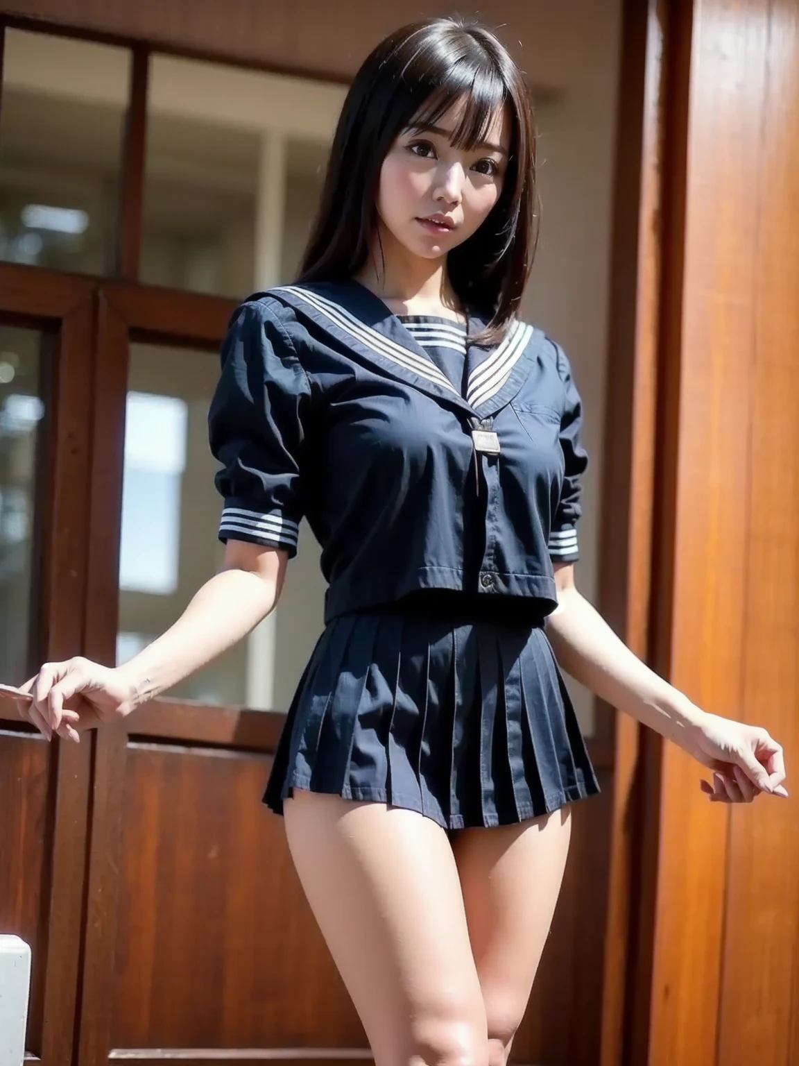((escalator))、lewd smile、(realistic、Photoreal:1.37)、(masterpiece)、(highest quality:1.4)、(超A high resolution:1.2)、(Raw photo:1.2)、(sharp focus:1.3)、(stand:1.2)、elegant、(Full body Esbian:1.2)、(A girl in an elaborate sailor suit and pleated skirt:1.3)、cute japanese girl、(smile:1.3)、(shine hair:1.3)、 brown haired、bob cut、 short pleated skirt、
(big breasts:1.2), escalatorの下から撮影、beautiful and delicate eyes、 see the beholder、escalatorの最下段から見上げるアングルで撮影、Secretly photographing underwear under a skirt、white panties:1.8