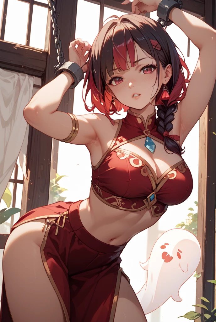 score_9, score_8_up, score_7_up, score_6_up, uncensored, Iris Midgar, long hair, (red hair:1.3), braid, red eyes, naughty face, shiny skin, sweating, BREAK (masterpiece:1.2), best quality, high resolution, unity 8k wallpaper, (illustration:0.8), (detailed eyes:1.3), perfect lighting, extremely detailed CG, (perfect hands, perfect anatomy), hearts, pleasured, gloves, breasts, 1girl, elbow_gloves, dress, navel, looking_at_viewer, jewelry, red_dress, solo, large_breasts, thighs, navel_cutout, earrings, red_gloves, chinese_clothes, china_dress, center_opening, bare_shoulders, arm_behind_head, shiny_skin, covered_, revealing_clothes, lips, armpits, large_breasts, tied_hair, signature, hip_focus, shiny, rating:safe, underboob, parted_lips, blush, pelvic_curtain, simple_background, piercing, pubic hair peek, looking at viewer,
