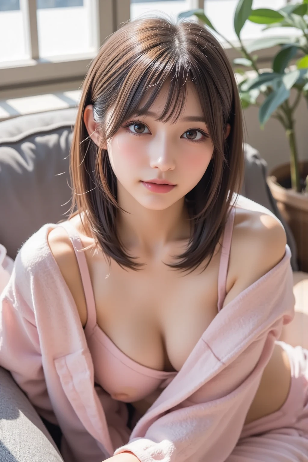 mix4, Detail Eyes, (Best quality details:1.2), Realistic, 8K HD, (1girl:1.2), Super Detail, High Quality Texture, Fine Detail, Fine Detail, High Detail, Extreme Detail CG, High Quality Shadow, Fine Beautiful Face, Fine Beautiful Eyes, Depth of Field, Ray Tracing, Hotel, Medium Breasts, Tall Women, Beautiful Legs, Glow Eyes, Blush, Perfect Body, Scrawny, Best quality, super high resolution, (realism: 1.4), photo of beautiful japanese woman, room, very short Bob hair, full body, oversized_sweater, necklace, simple background, from above, looking at the viewer,