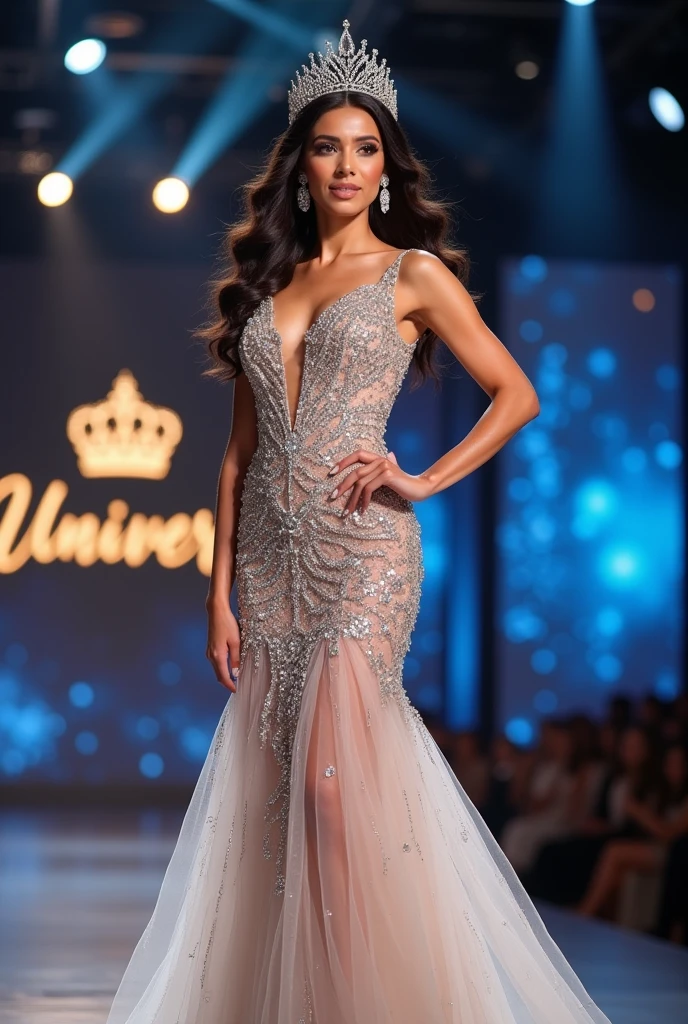 Miss universe, silver long kebaya brookat dress, at miss universe stage, wear crown, elegant, beautiful, 38 C huge boobs, slim, don't smile, sexy vibes. Sharp eyes, cool, bold make up. 