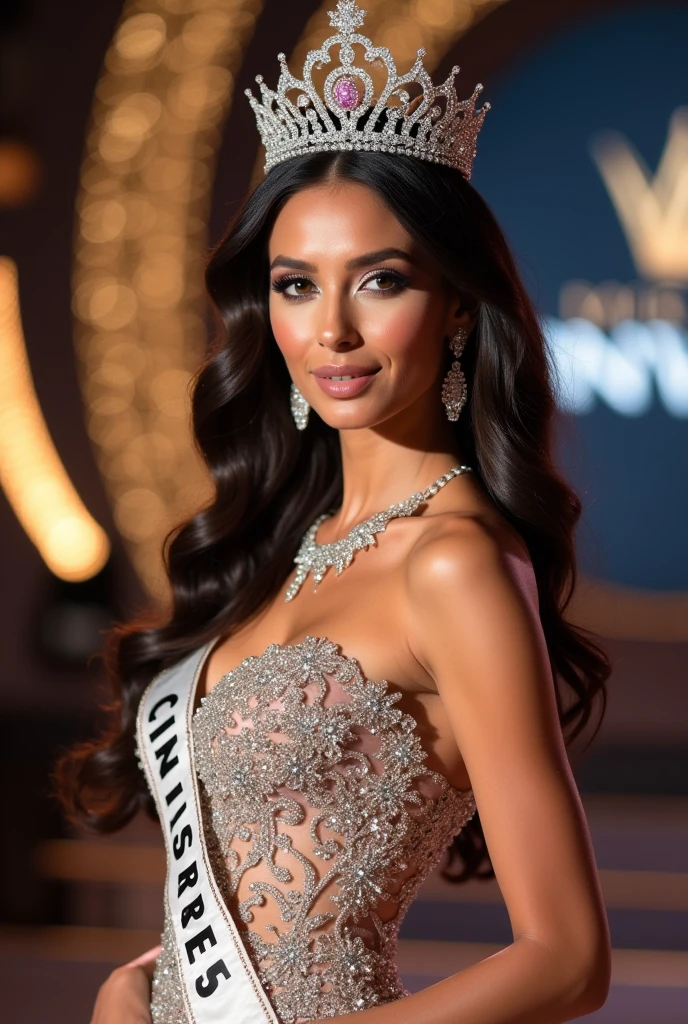 a woman posing for a picture, arabic goddess, traditional beauty, arabic, beautiful goddess, middle eastern girl, arabic super model, beautiful, gorgeous woman, middle eastern with long, sweet shy arabic, gorgeous beautiful woman, Arabian aesthetic, beautiful middle eastern girl, extremely detailed goddess shot, jaw-dropping beauty, big boobs deep cleavage, wearing crown, being crowned at a beauty contest, wearing a beauty queen sash, behind her a miss universe stage, being given title of miss universe