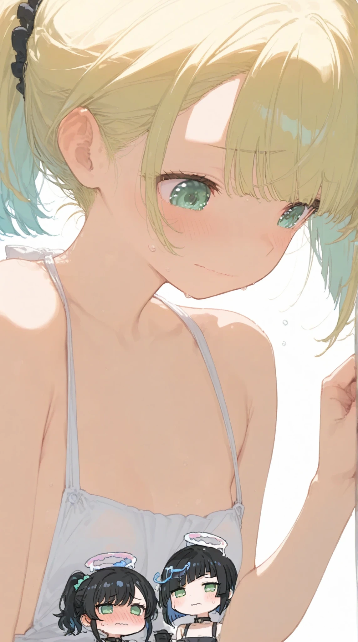 absurdres, (masterpiece, best quality), (ultra-detailed), extremely detailed, super high resolution, (Top Quality photorealistic Illustration), (Super Definition), (best quality,masterpiece:1.0),(cute illustration:1.3), (high Saturation:1.2), highres, ultra-detailed, 32k,8k resolution, intricate details, cinematic scene, detailed background, detailed background,(masutepiece:1.2), (Best Quality:1.2), hyper detailed illustration, beautiful artwork,(Extreme detail CG Unity), (8K Wallpaper)、(exquisite lighting and shadow)、(highly dramatic picture)、(cinematic lens effects),strong light coming in, BREAK (dynamic angle:1.6), (close to viewer:1.6),from below, depth background, in the Poolside, pool, splashing, blue sky, windy, rim light, sunlight, beautiful lighting, strong light, widely, (girly standing:1.3), ((looking at viewer)), BREAK 1 girl, (us1),blonde hair, purple eyes,short hair,short bob cut, (straight hair:1.8), cute girl, (round face:1.6), (baby face:1.6), (kawaii:1.6), (cute:1.6), (loli face:1.6), (round eyes), (ultra-detailed brilliant big eyes), (large pupil), ((shiny skin)), ((pale skin)), (shy), (blush), smile, BREAK (show off nipples:1.8), (full nude:1.8), (exposed chest:1.8), (no bra:1.3),medium breasts, (small nipples:1.2), (small areolas:1.2),,(very extremely small panties:1.8),(pussy line:1.8), Big smile
