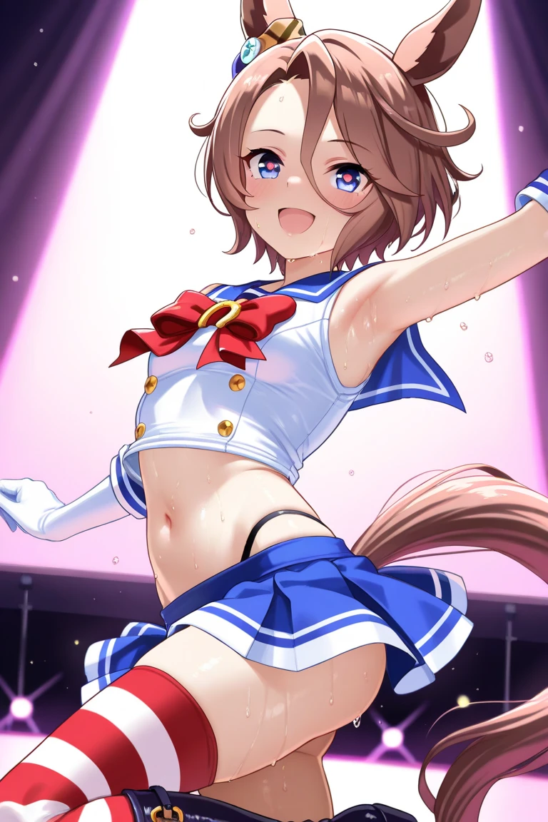 (((Pixel perfect, perfect detail))), (((Diameter of skirt from below,))), Alone, Alone Girl, Kosaka Honoka, (μ's Idol Dress), Looking at Viewer, Smiling, μ's, Love Live! Stage, Singing, (Lifted Skirt 1.3), (Detailed Panties 1.3), (White Panties: 1.3), (Three-Tier Ruffle Panties: 1.3), (Upskirt), (Cotton Panties), (Low Angle), (Ruffled Petticoat), Blue Eyes, Orange Hair, One-Sided Ponytail, Short Hair, (Spread Legs: 1.0)