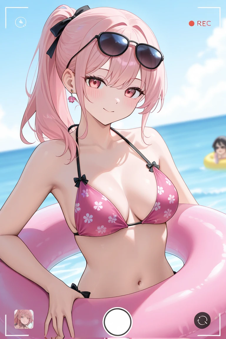 <lora:Latex_Pink_Bikini_By_Stable_Yogi:0.8> (pink latex bikini:1.2), beach, <lora:LIP:0.8> (LilyPichuTI:0.9), glasses,, ultra detailed, masterpiece, best quality, aesthetic, detailed,, serious, 1girl, (white eyes:1.1), (grey eyes:1.3), white hair, very long hair, parted hair, parted bangs, <lora:parted_hair_v1.3:1.3>, medium breasts,