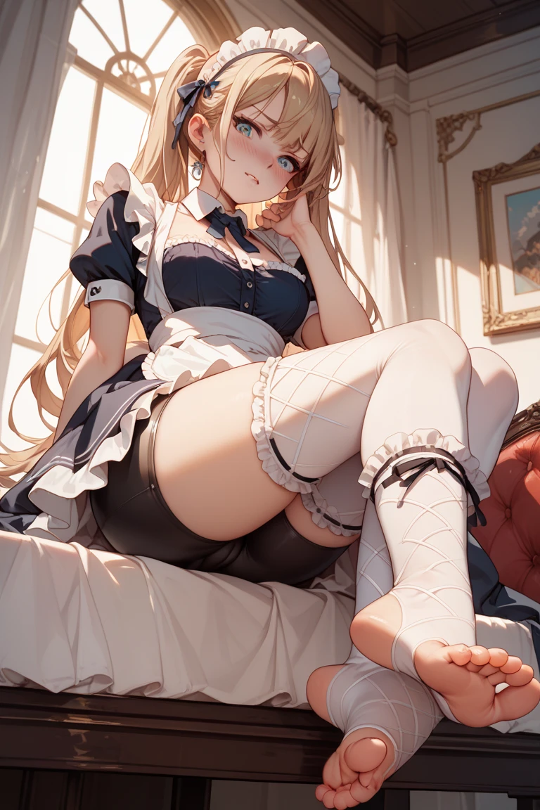 1girl in, (No Panties),(OPEN twat), length hair, blue eyess, blonde hair, diadems, sitting on, I don't wear any underwear、A pose where you can be seen from below、Spreading legs with both hands、full view, doress, the bow, The card, pinafore, shairband, PlayingCards, looking at the viewers, shortsleeves, the bow of the hair, blue hairband, a smile, red blush, hand on own face, blue dress, alice(alice in Wonderland), hair between eye, a chair, Black pantyhose, blue the bow, a throne, puffy sleeves, Put your hand on your cheek, bangss, apron dress, shortsleeves, bow ribbon、very long hair、mini crown、foot out of frame、frilld、white pinafore、:q、​masterpiece、top-quality、((lifted skirt、Pussy、camel's toe)))、SEX、NFSW、anus,