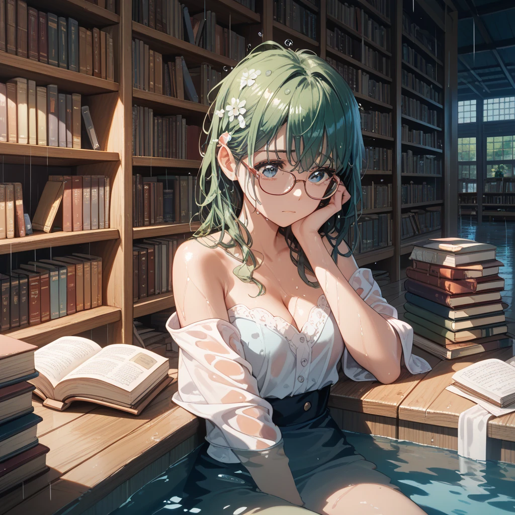 flat chests, nsfw, masterpiece, 1 girl, erect nipples, intricately detailed, topless, navel, bare shoulders, necklace, mint green hair, embarrassed, brown skirt, head scarf, round glasses, extremely detailed, photorealistic, octane render, 8 k, unreal engine, bare breasts, puffy nipples, green eyes, carrying book, yawning, fantasy, enchanted, book, herbs, magical, mage, bare stomach, sweaty, child, arm strap, full body, sitting, alchemist, open mouth, scared, green house, potions, plants, vegetables
