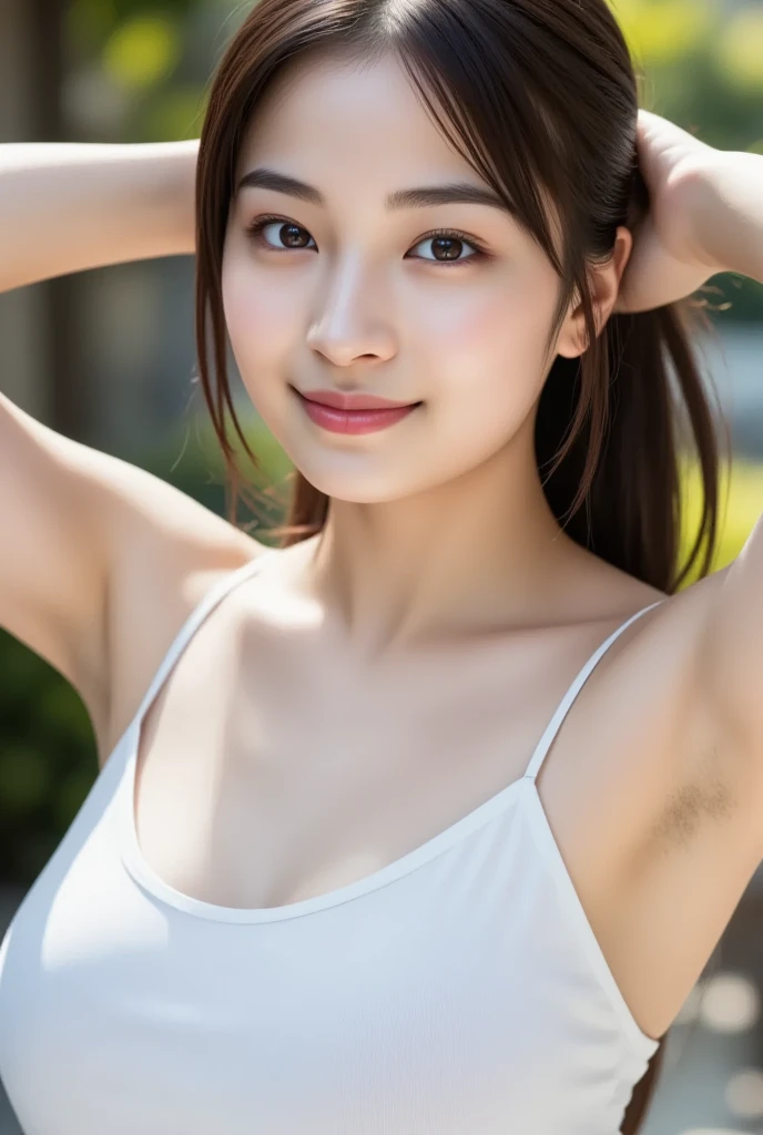 Flying debris, Highest quality, shape, Very detailed, finely, High resolution, 8k wallpaper, Perfect dynamic composition, finelyてBeautiful Eyes,Medium Hair,Small breasts Natural color Lips, Bold sexy pose,smile,Harajuku、20-year-old girl、cute、sexy shot looking at camera、Black hair ponytail , whole body((Realistic lighting, Highest quality, 8k, masterpiece: 1.3)), Clear focus: 1.2, 1 girl, Perfect shape: 1.4,(Cheerleader:1.3),(Outdoor:1.5),(Look under your armpits:1.5),(Stadium:1.1),(Cheer Dance:1.3) Very beautiful face, Beautiful Eyes, double eyelid,smile,(Your cheeks are red:1.3),(No nipples:1.2)