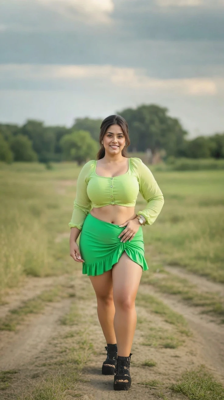 Indian beautiful woman sexy curvy plus size model wearing mint green color designing mini skirt and top facing to camera in standing in the Sierra Madre Occidental landscape,head to thighs view, curvy plus size figure,big m-cup breasts ,wearing Indian Lehenga Choli, side bun hairstyle, bright eyes, thin eyebrows, fair skin, blushing cheeks, prefect ,head to thighs view, head to thigh view, Sierra Madre Occidental landscape background, bright sunlight sitting on swing, spreding legs