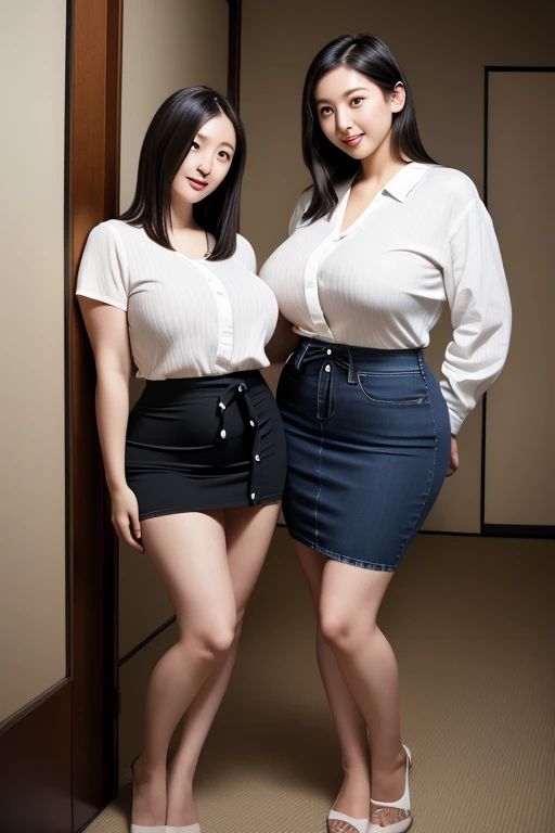 (masterpiece, best quality:1.2), (8K, best quality, masterpiece, Golden Ratio Composition,:1.3), woman, (Beautiful Japanese woman in her 40s), (90 kg obese woman), (Thick thighs), (雪白光滑的Long legs), (Wearing a white shirt,:1.2), (Huge breasts), (Long legs), Soft face line，Gentle，Silver short hair,