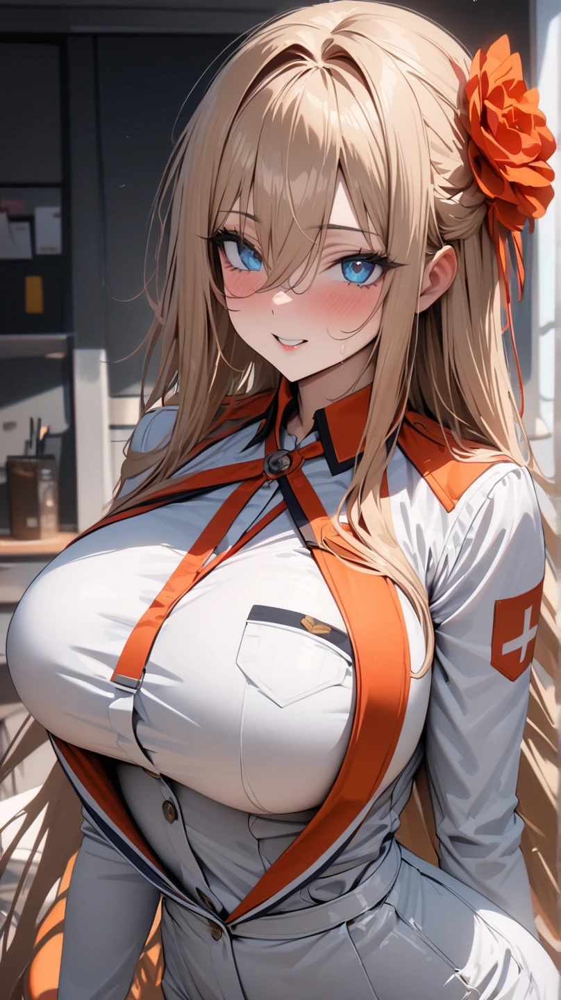 (masterpiece:1.3), 8k, (fox ear, fox tail, fox girl), (gigantic breasts:1.6), ultrahd, highres, photo of Yakumo Ran \(Touhou\), Blonde hair, yellow eyes, long hair with very large breasts and a huge ass standing up in a hospital lobby, (sweating) ,(beautiful scenery),(perfect face), masterpiece, blush, 1girl, solo, smooth anime cg art, (smile:1.3), sexy body, detailed, from above, pillow, formal pose, (sci-fi yellow military medic uniform:1.6), (military trousers), (military long coat)