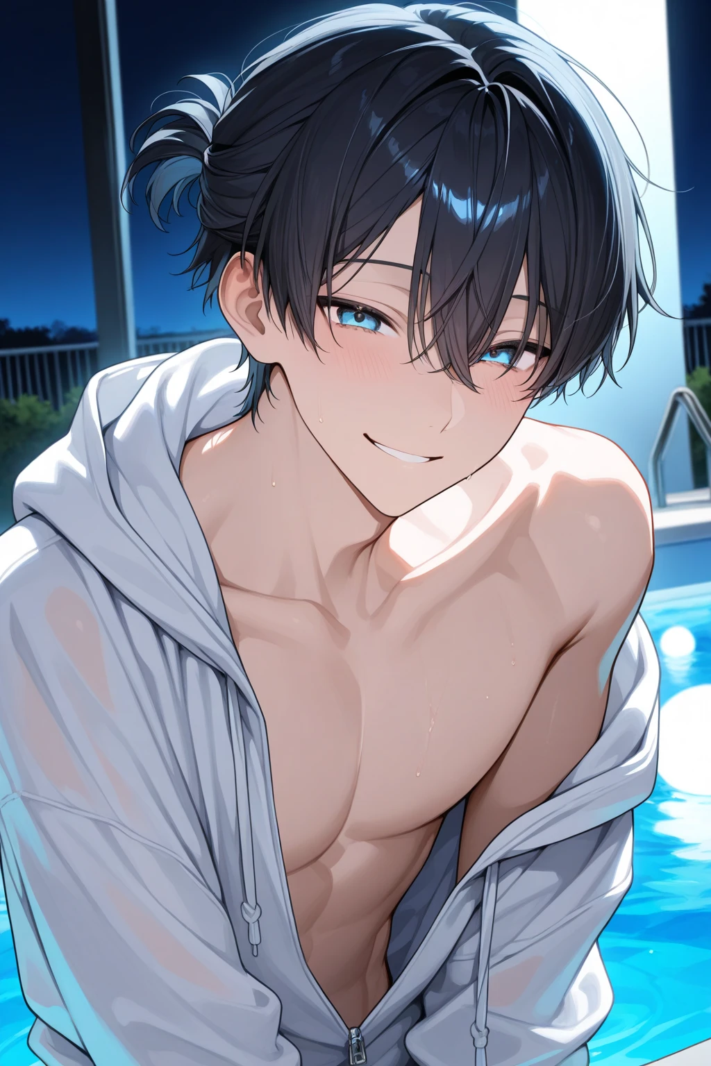 Masterpiece， Best quality at best， 1boy，boy, sasuke，(shota, young boy), (thin body, slim body), little breast, shirtless, topless, bare chest，armpit, (showing armpit:1.4), upperbody，full of sweat, is shy，smile，light blue eyes, Black hair，(Wet: 1.4), Cowboy shot, Looking up, Looking at the viewer, from above, from the front, water, playing in the lake, lake, forest, sunlight, summer