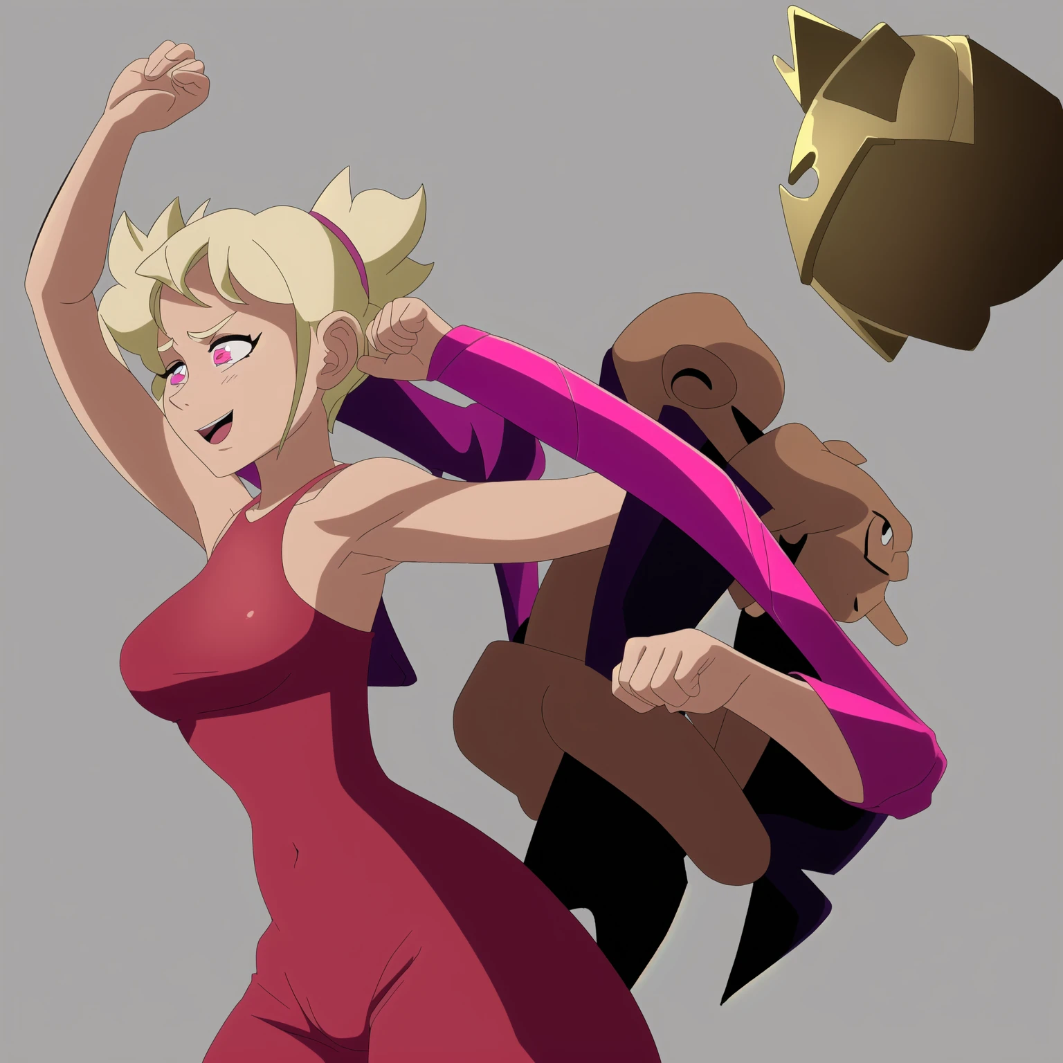 A lovely woman (in a cheetah print ninja outfit, cheetah ears headband, razor fist blades) is using her ninja training to run really fast, zooming towards a scared goblin warrior

