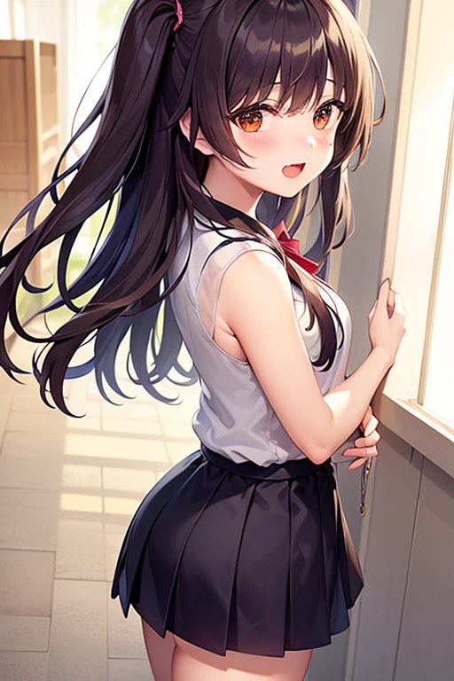 masterpiece, best quality, purah, red glasses, hair ornament, white jacket, sleeveless shirt, black skirt, upper body, from above, looking at viewer, smile, open mouth, furrowed brow, rustic village