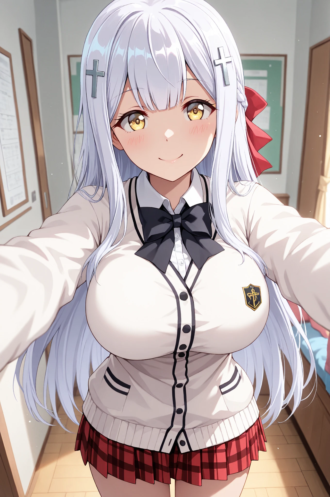 (((masterpiece))),(((bestquality))),((ultra-detailed)),((illustration)),((anextremelydelicateandbeautiful)),dynamicangle,(beautifuldetailedeyes),(detailedlight), (((ink))),depthoffield,((watercolor)) 1girl, long_hair, solo, red_bowtie, red bow, hair_ornament, yellow_eyes, open_mouth, eye_focus, cross_hair_ornament, x_hair_ornament, <lora:Raphiel_v1:1>, ,smallbreasts, miqo'te, skin tight, camisole, {{{covered breasts}}}, breasts under clothes, nipples under clothes, covered nipples, nsfw, animal ears, shirt, (cum on chest), cum, (small nipples), legs spread, cum dripping, cum on face, cum in mouth, vagina, detailed hands, smile, clitoris, :D, peace sign, wink