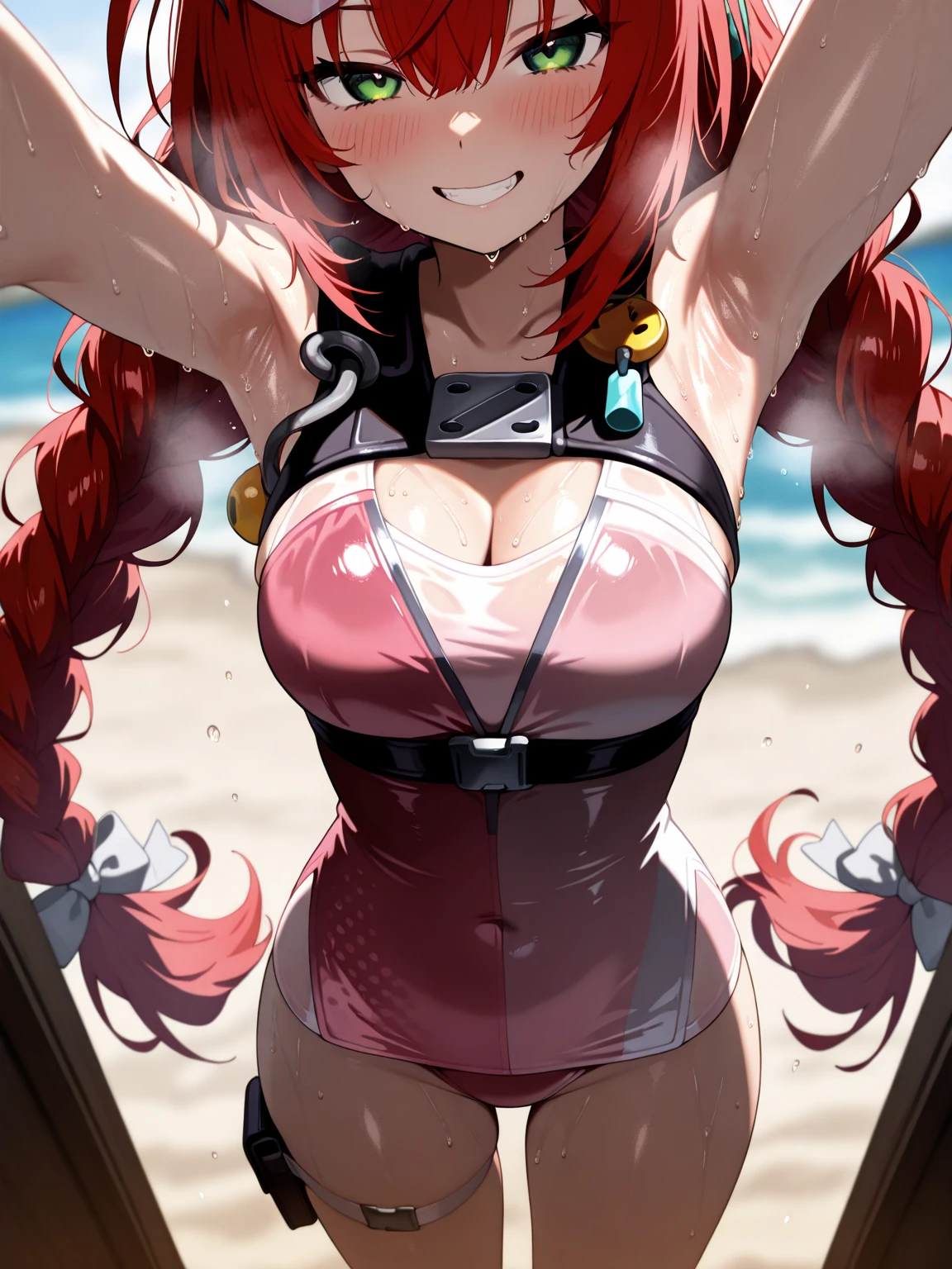 (((masterpiece、Highest image quality、highest quality、highly detailed unity 8kwallpaper)))、((Illustration of one girl))、(((beautiful girl)))、((orange hair、side ponytail、sidelocks:1.4、orange eyes))、(((stocky build, thickset physique, muscular legs, broad shoulders, solid chest:1.3)))、(((orange hairy armpits:1.4)))、(armpit hair:1.4)、swimsuit、sandy beach