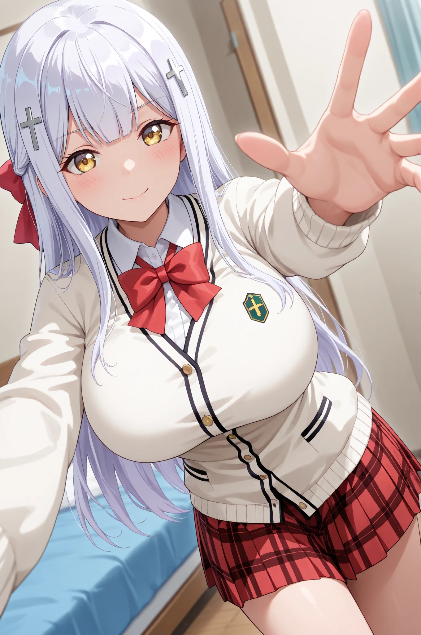 (extremely detailed CG unity 8k wallpaper), (masterpiece), (best quality), (ultra-detailed), (best illustration), (best shadow), (absurdres), 1girl, solo, raphiel ainsworth shiraha, school uniform, white cardigan, plaid skirt, classroom, lying down, cpr, chest compressions