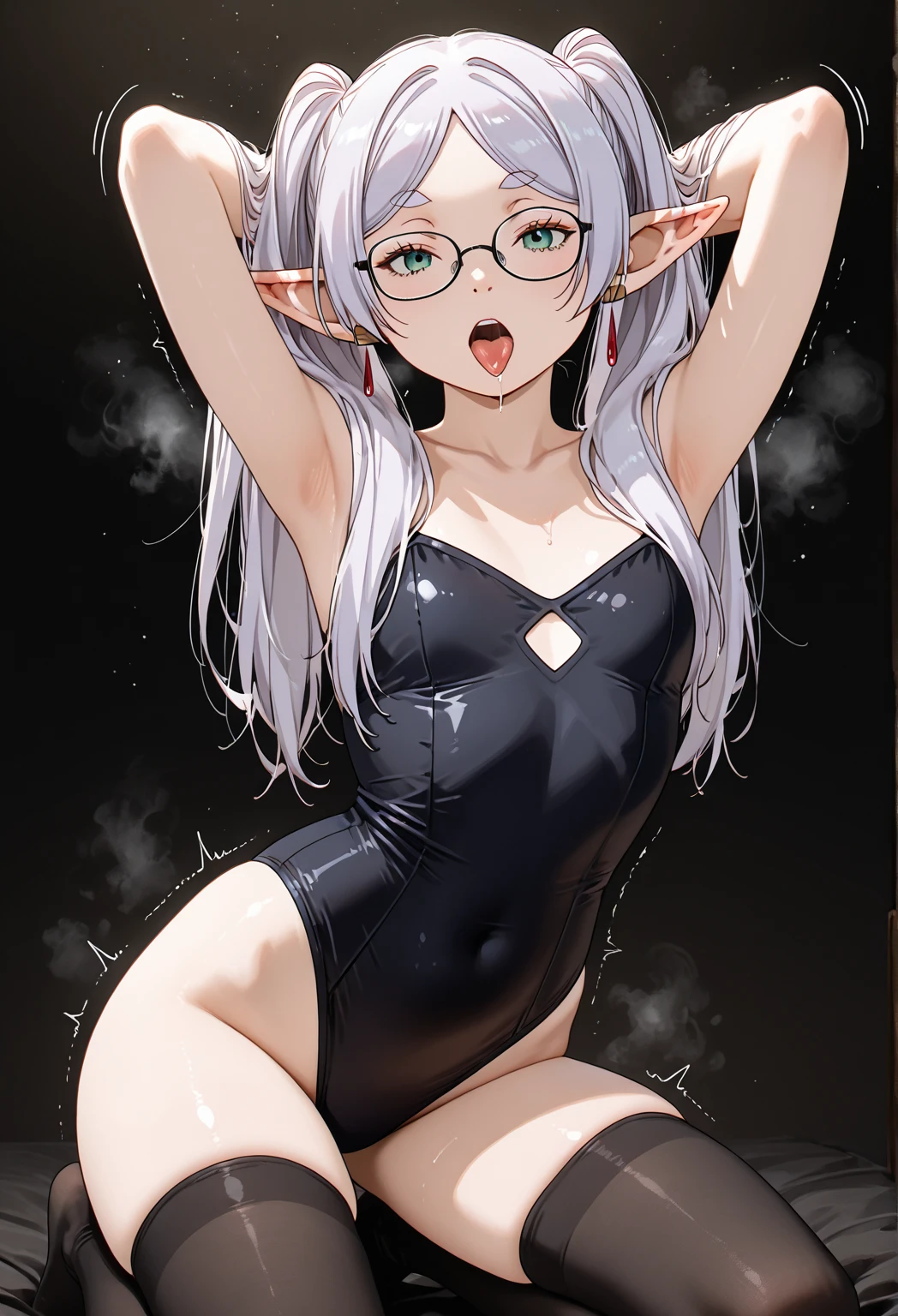 (masterpiece), insanely detailed, absurdres, ultra-highres, ultra-detailed, best quality, 1 girl, solo, nice hands, perfect hands, best quality, high quality, perfect-lighting, illustration, cute girl, detailed-face, detailed-body, black eyes, (black), small breasts, white pointy animal ears, white animal tail, cowboy shot, anime artstyle, full body model, kawaii, long hair, white hair, hair bow, white hair long, beautiful woman, 1 girl, solo, blushing, expressive eyes, perfect face, black scarf, Off-the-shoulder leotard black, (tight body), black stockings, Round Glasses Black, Love Heart Bubble, by Canon EOS, SIGMA Art Lens 35mm F1.4, ISO 200 Shutter Speed 2000, (cleavage:-1.5), 