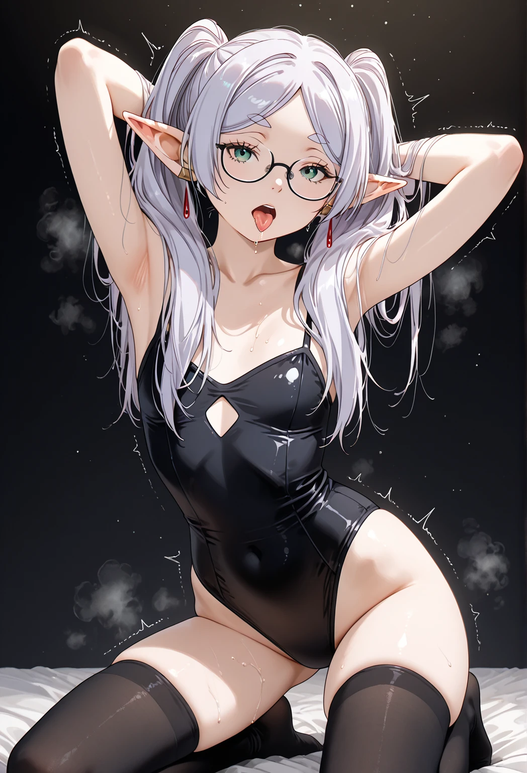 (masterpiece), insanely detailed, absurdres, ultra-highres, ultra-detailed, best quality, 1 girl, solo, nice hands, perfect hands, best quality, high quality, perfect-lighting, illustration, cute girl, detailed-face, detailed-body, black eyes, (black), small breasts, white pointy animal ears, white animal tail, cowboy shot, anime artstyle, full body model, kawaii, long hair, white hair, hair bow, white hair long, beautiful woman, 1 girl, solo, blushing, expressive eyes, perfect face, black scarf, Off-the-shoulder leotard black, (tight body), black stockings, Round Glasses Black, Love Heart Bubble, by Canon EOS, SIGMA Art Lens 35mm F1.4, ISO 200 Shutter Speed 2000, (cleavage:-1.5),