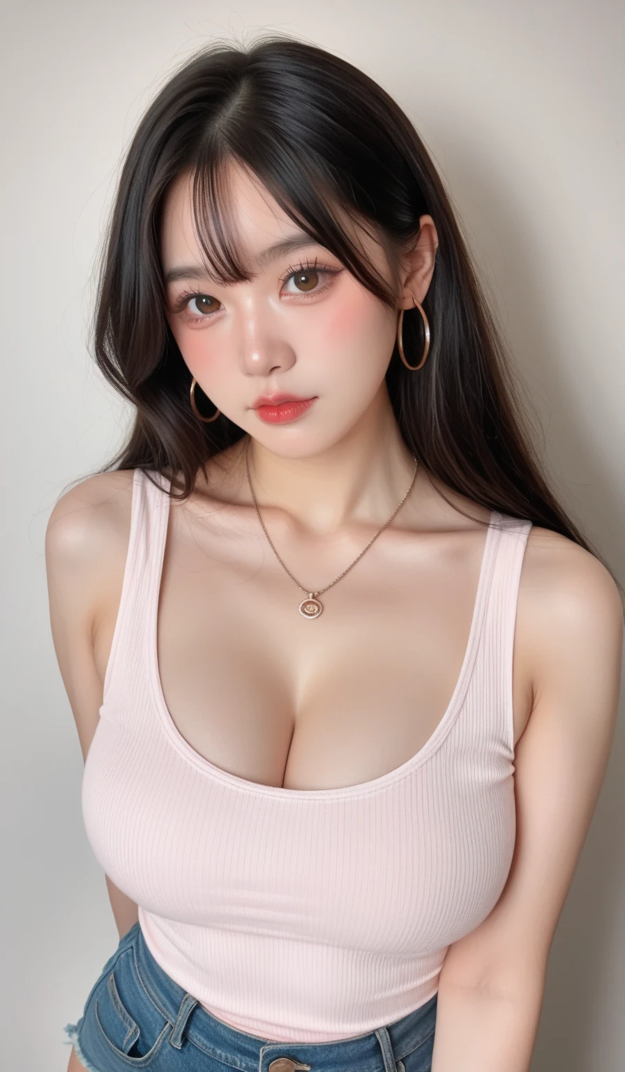 Canon RF 85mmf/1.2,masutepiece,Best Quality,超A high resolution,tu,1 boy (Korean mixed,Kpop Idol:1.2),Solo,white_shiny_skin,Black eyes,Necklace,brown_long_Wavy_hair,Red lipstick bright_shiny_Lips,Eyelashes,Bangs,deal,make - up,shiny,Pore,skin texture,Bracelet,off shoulders,See-through,Big breasts
