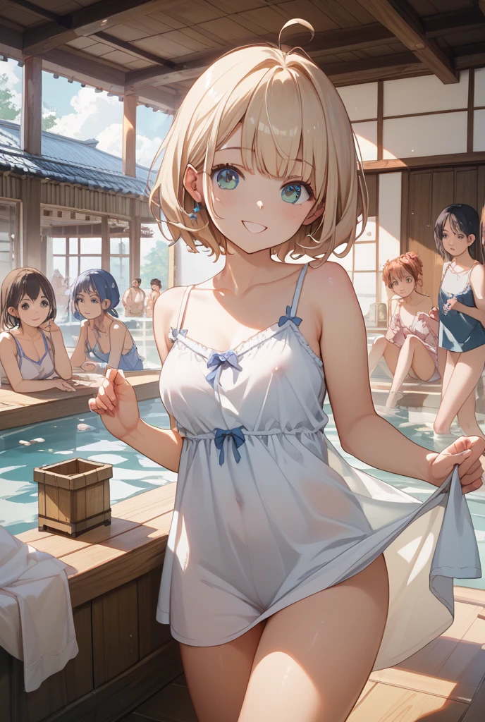 (​masterpiece:2.0), (top-quality:2.0), (leaning forward naked in the hot spring:1.5), (extremely short white Tube top towel:1.5), (Super Sexy Pose:1.5), (from below looking up:1.5), (Perfect exposed shoulders:1.5), (Perfect exposed nape:1.5), (blushed face:1.5), (hide crotch with hands:1.5), (hiding chest with hands:1.5), (spilling :1.5), (Realistic:1.5), 1 , a very pretty girl, Precise little hands, Embarrassed look to see me, light smile, Innocent face, Young Face, Clear eyes, Shining eyes, tiny chest, side boob is visible, shoulder is visible, cleavage of the breast is visible, No pubic hair, Dynamic Posing, Beautiful skins, ultra-definition, Top resolution, Japan High School Student, Golden hair