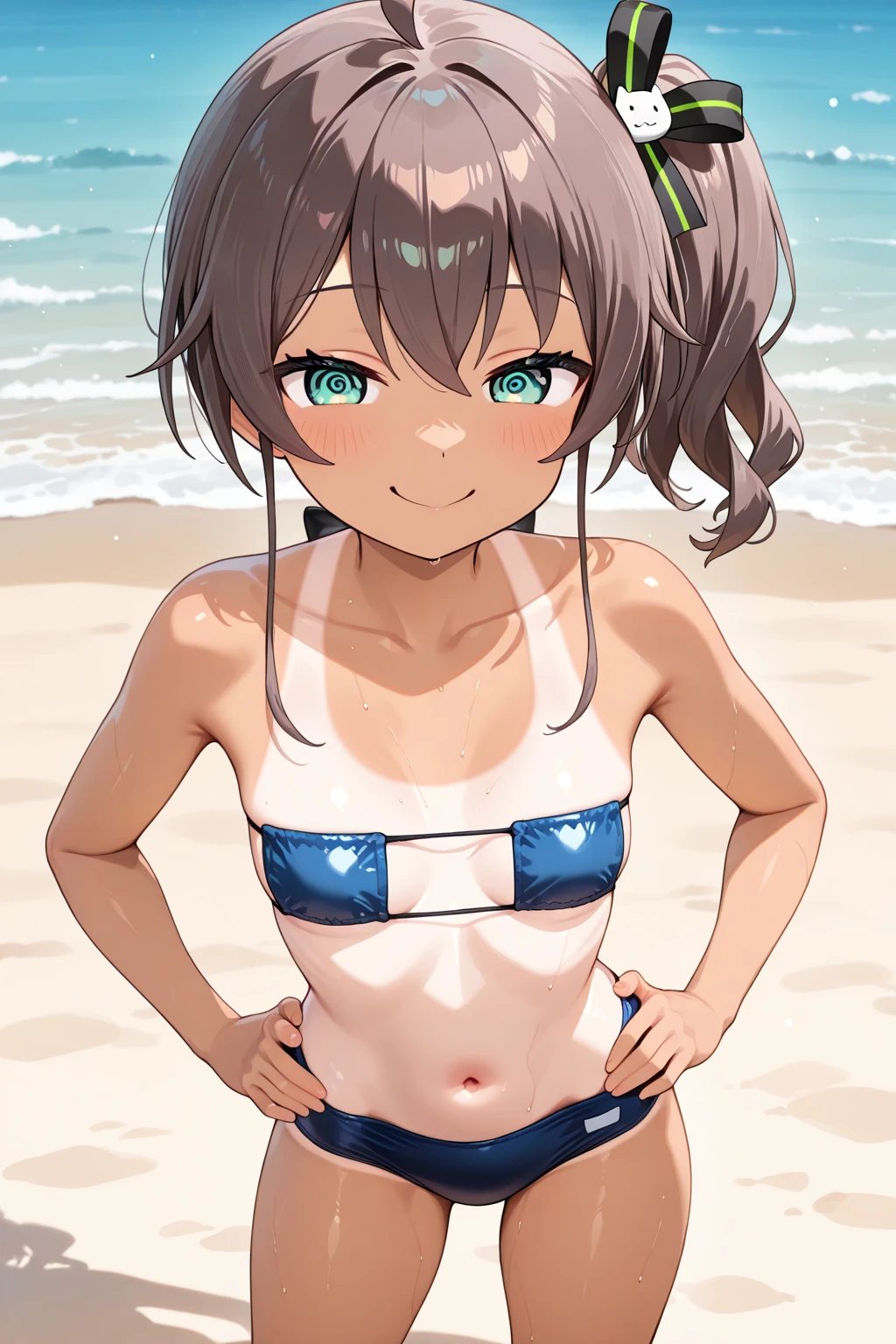 masterpiece, best quality, ultra detailed, ultra high resolution, very detailed face, solo, ((anime)), 18 years old girl, (((micro bikini))), ((darkbrown short hair, ponytail)), (((small breast))), (six pack abs:1.2), ((good mood)), (((hands on the hip))), at the beach