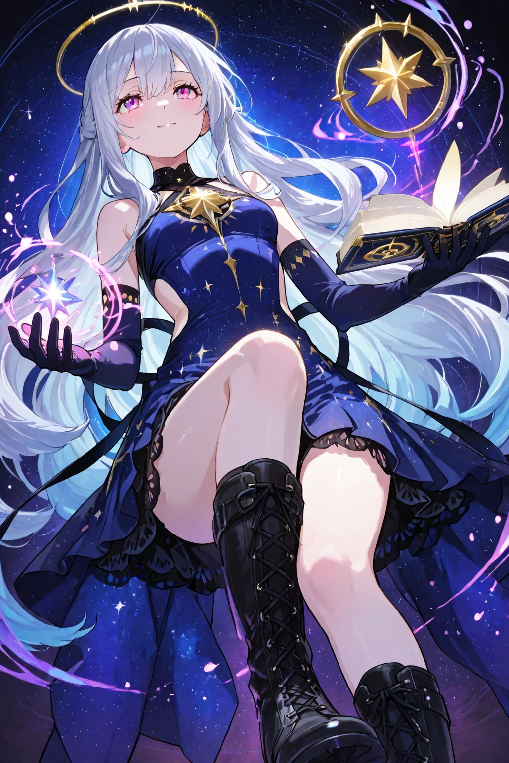 (masterpiece, top quality, best quality, official art, beautiful and aesthetic:1.2), (1 girl standing), extreme detailed, highest detailed, (wizard hat), Magician, Wand, Adventure, (detail Outskirts background), (forest), (Magic World), ((A huge blue magic cube with blue light floating in the air)), Magic Circle, Sealed Demon, Wrath, Magic Text, (Huge Book ahead) , wide background, full body, ((long Shot)), (((symmetrical composition))), (front) ,(confident smiley face), (confident eyes), ((Morning)), blue sky, clouds