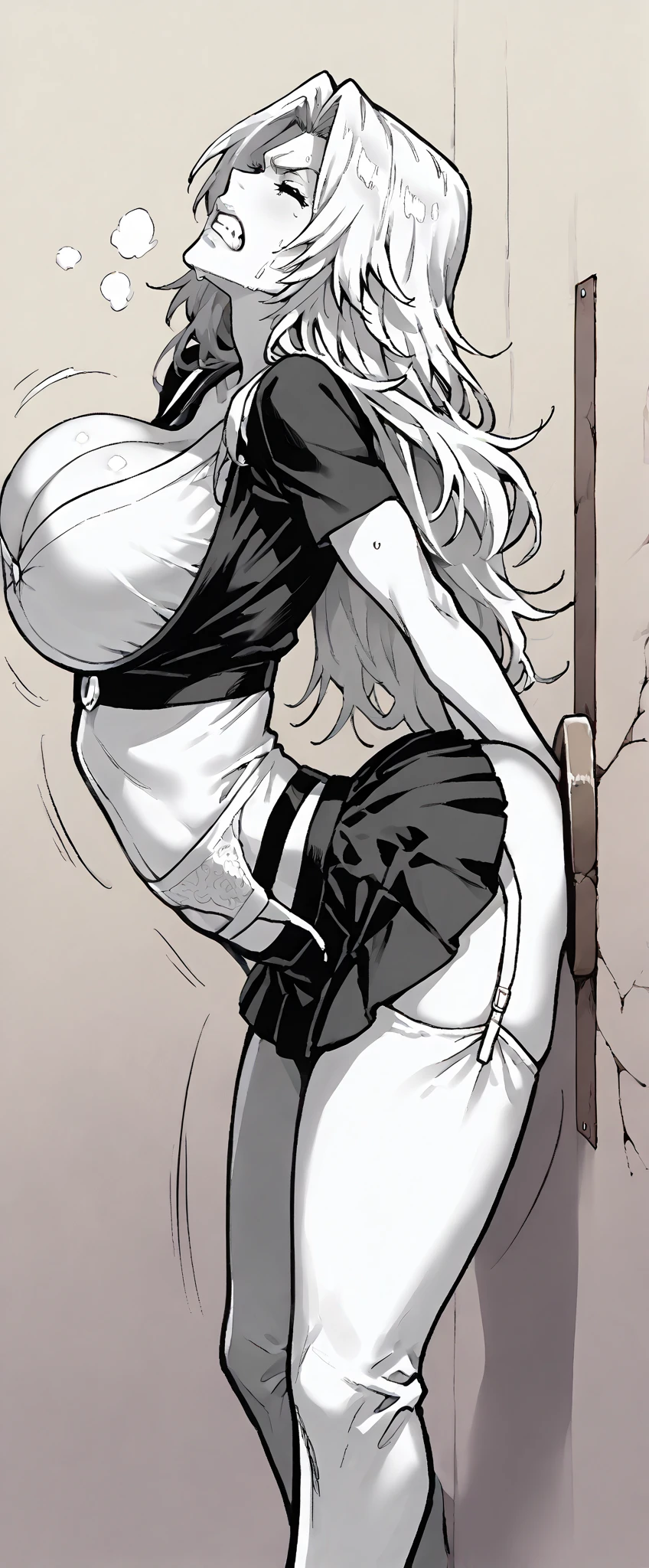 White hair, red eyes, hoodie, hood, bikini bottom, micro bikini, smile, cute smile, lusty smile, shy, blush, blushing, dark skin, thighs, thick thighs, big ass, red hearts, heart pupils, ass focus, demon horns, back view, looking back at viewer, holding own ass, grabbing own ass, anime, lineart, manga like, black and white, 