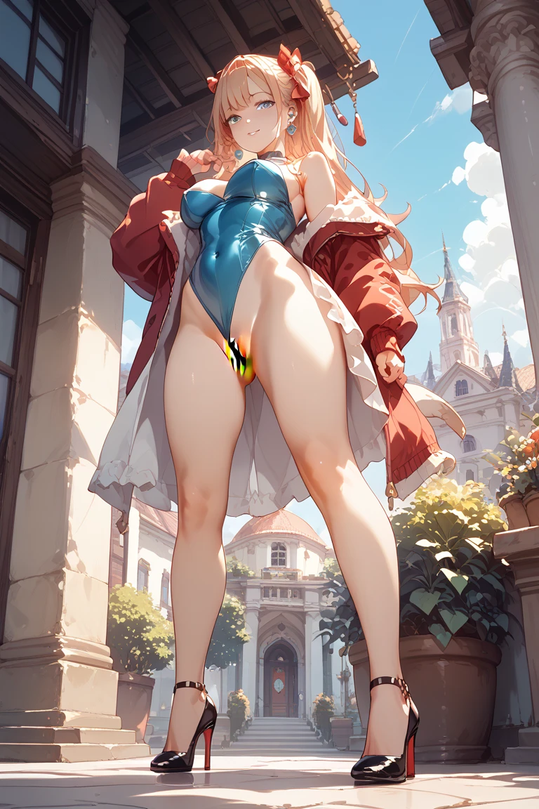 Giant Girl 50,000 feet high,Have a pair of long legs,Have a pair of huge breasts,Wearing a red bikini,Waist-length blonde hair,Loose hair,Wear a pair of Mary Janes,Blonde curly hair,Full of enjoyment,Standing tall in a crowded city, Vandalism,It seems to be an invincible existence,Beautiful appearance,Exquisite makeup,quality,8K,高quality,(Governor:1.5),Perfect proportion, theater lighting,Film Grain,Fuji Colors,8K,Textured Skin,Super Detail,High Detail,high quality,high resolution,thunderclap,Fake laugh,Morning,Perfect body