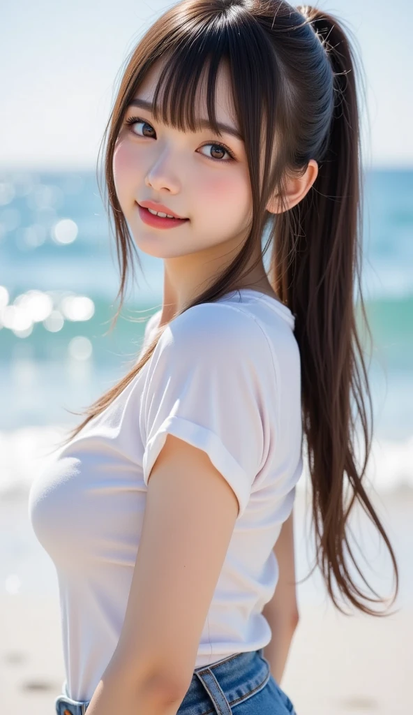、((Big eyes))、cute、smile、(((Baby Face)))、((Big Breasts))、White T-shirt、Wet、((See-through))、ponytail、fine、Shortcuts、Beach、Light in your eyes、Backlight on hair