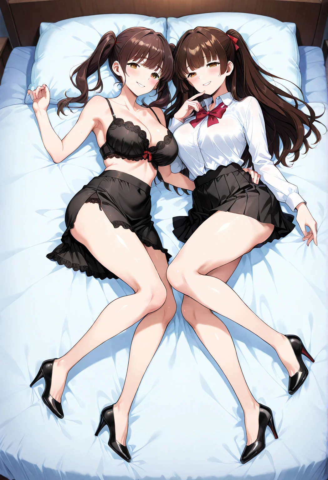 ((super high quality,))((Ultra-high resolution,))(16K,)(super masterpiece,)((Ultra HD ,))(Detailed shading,)Full body photo,Mothers of three,Lie side by side on the bed,sexy Office Lady,((popped Tight collar White shirts,))Unbutton the third button,Black tight skirt,Glasses,blush,Ahegao,smile,Sweaty,Love juice,