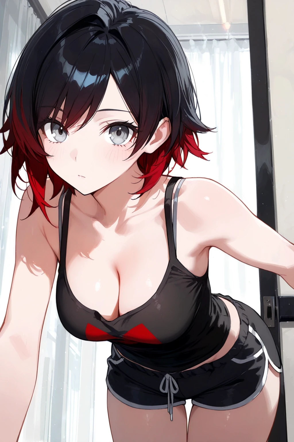 muff, ("red hair"), ("black hair"), ("multicolored hair"), ("short hair"), sexy laying on bed, very sexy, crying face, choker, lace bra, Detailed female genitalia visible, embarrassed,