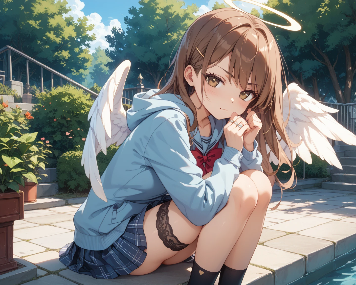 beautiful, masterpiece, best quality, 1girl, angel wings, brown eyes, brown hair, haibane renmei, halo, rakka, sailor collar, school uniform, <lora:my_LoRA_rakka_v2:0.5> emotionless, sad, dark background, looking at viewer, holding cat, stiletto Heels, high heels, foot focus <lora:my_LoRA_stilettoHeels_v1:0.3>