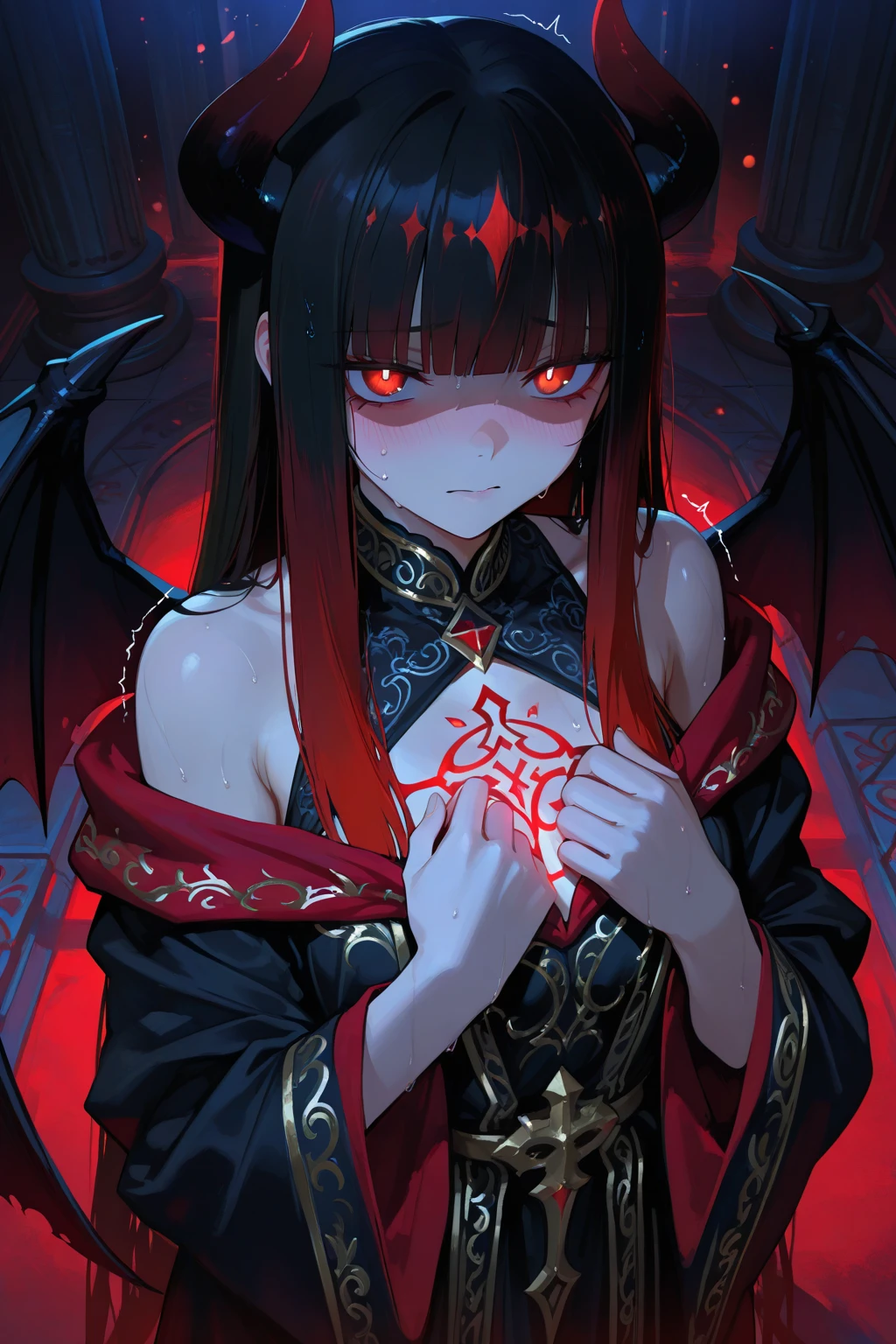 a tattoed dragon, Black and red scales in the body, red dragon horns, black eyelashes, prismatic accessories, masterpiece, high quality, best quality, beautiful, perfect lighting, detailed face, detailed body, (good hands), (good fingers), high detailed fingers, high detailed body, black and purple hair, creating a fireball in the left hand, casting a spell in the right hand,