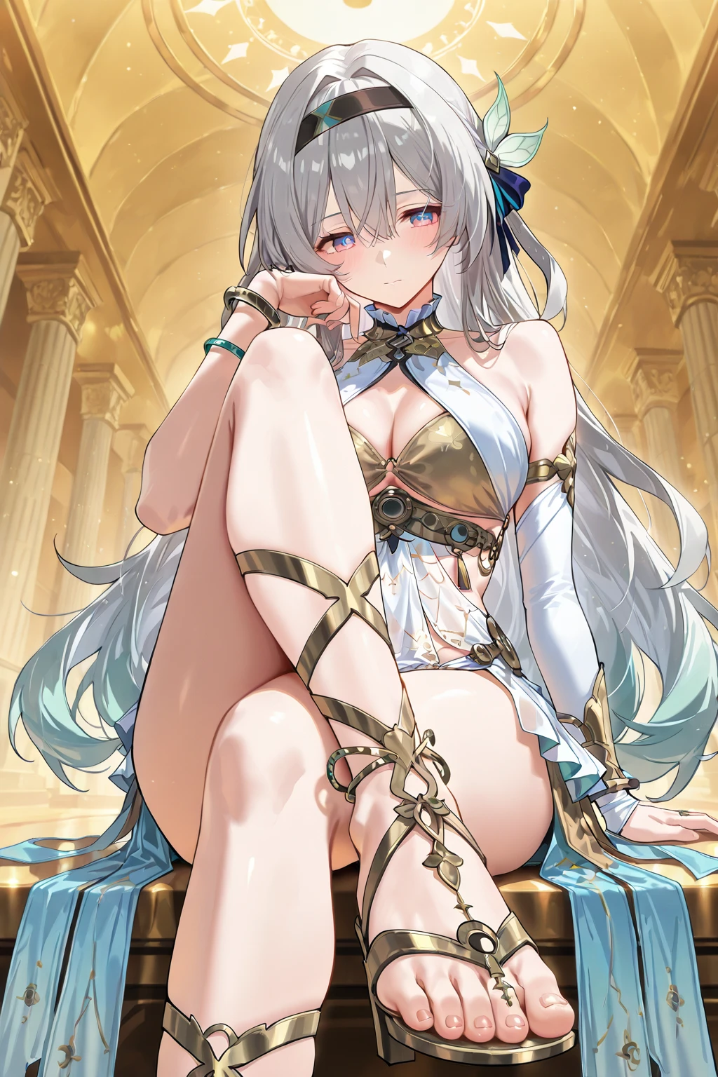 Aztec mythology、femele、She wears golden ornaments all over her body、Naked except for accessories、In front of Tihuatiocan、Tezcatlipoca、large full breasts、Constricted hips、soio、collared、Lying on your stomach with your upper body turned away、25-years old