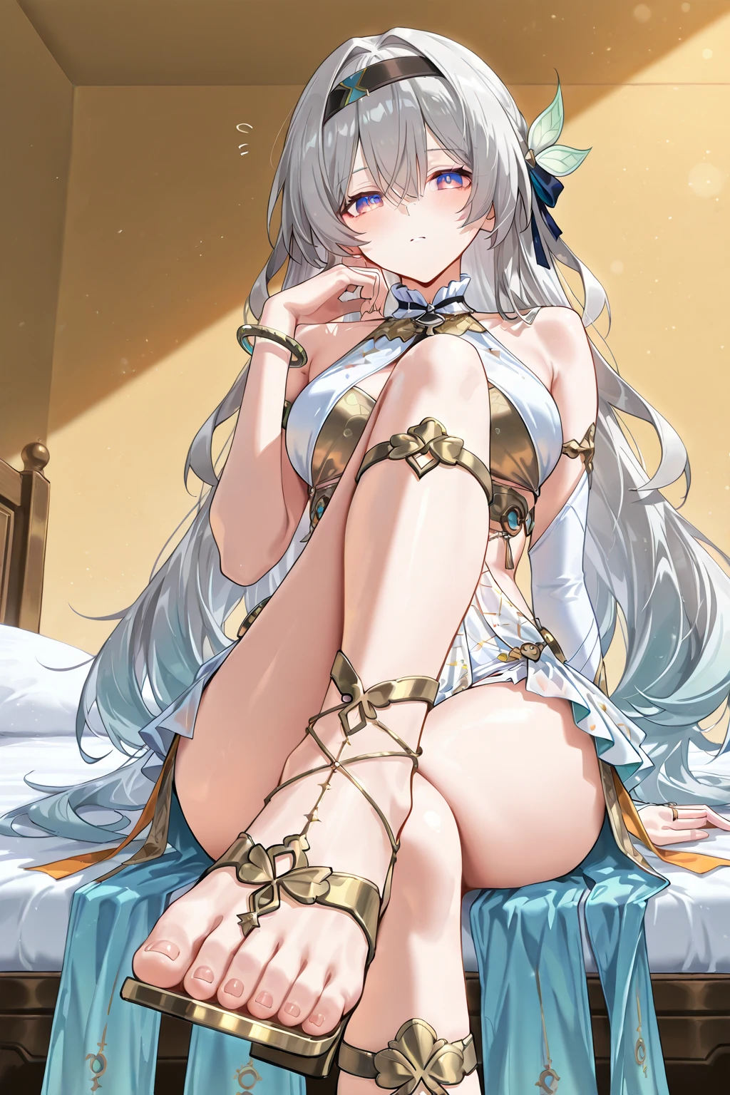 (masterpiece, Highest quality),one girl, natural lighting, glamorous body, beautiful tits, plum thighs ,beautiful skin, on the bed,   Luxury lingerie++, (greedy eyes, Perfect Face, clear gray Eyes, cute smile), (glassy hair,  gold color hair),beautiful legs++, whant to kiss++