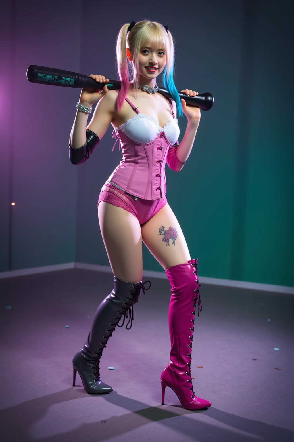 Create an image of a dynamic and intense comic book character, resembling Harley Quinn, in a (vivid and chaotic urban battlefield:1.6). The character has a pale face with exaggerated makeup: (blue eyeshadow on one eye:1.6) and (red on the other:1.6), with (matching blue and pink pigtails:1.6). She is dressed in a (tight, shiny, red and blue jester costume:1.6) with a white ruffled collar and pom-poms. She is (wielding a giant candy cane dildo:1.6) like a weapon, holding it across her shoulders with a mischievous, wide-open grin. The background features a cityscape in disarray, with exploding cars, flying playing cards, and debris creating a sense of action and chaos. The image should be vibrant, with sharp contrasts and a surreal, high-energy feel. 
