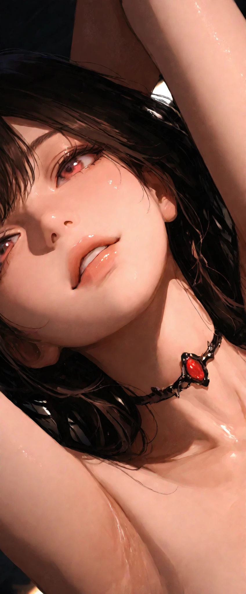 Succubus character, Realistic, Abyss scene, Very beautiful face, Red glowing eyes, Pink long hair, Sexy Body, Large Breasts, , Detailed skin, Sensual lighting,((( She is being made to cum)))