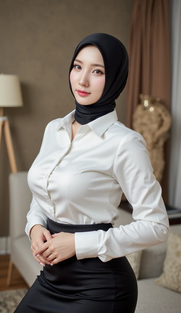 1 lady, wearing a white shirt, long sleeve, tight shirt, sitting in front passenger seat,(wearing a black hijab), (huge breast 1.6), holding a purse, sweet, kawaii, (soft light, details)