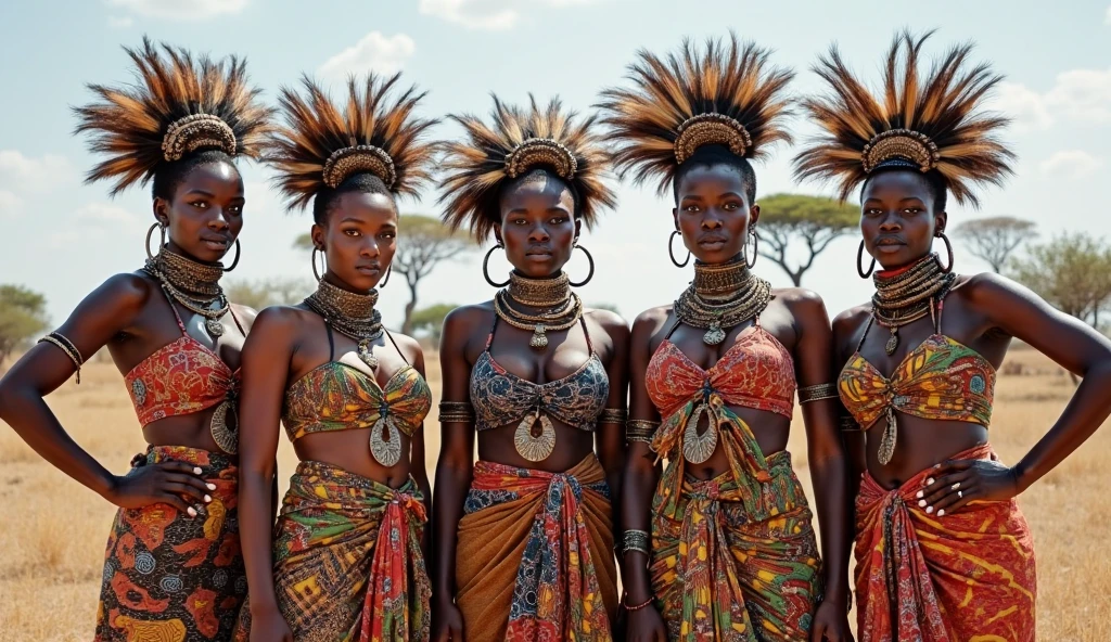 Complete and complete view of a Beautiful tribal dance in a circle by very beautiful black African women with perfect realistic and detailed Negroid faces, well-defined feet and hands, bare torsos, very colorful image by Jean-Baptiste Monge, nfsw